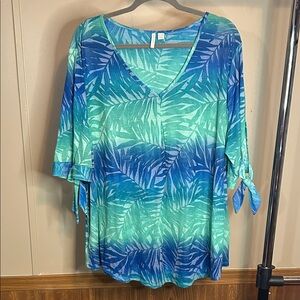 Cato Blue and Green Leaf Print Blouse
